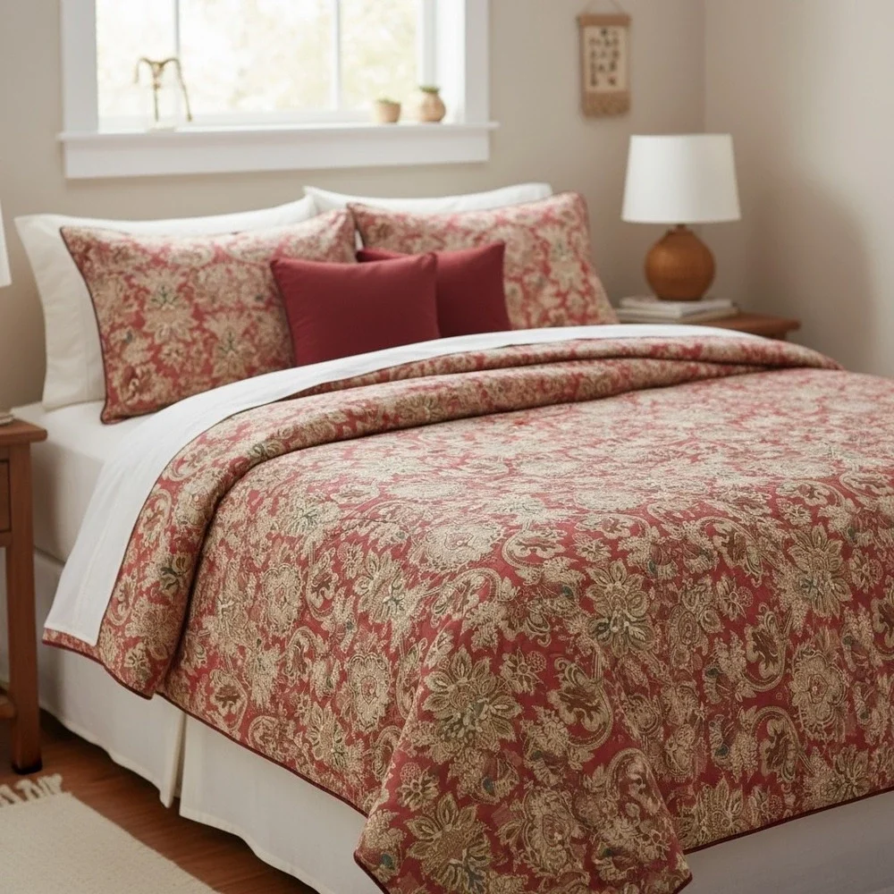 Vintage Ralph Lauren Jardiniere Queen / Full Red Sateen Comforter‎ Made In Italy